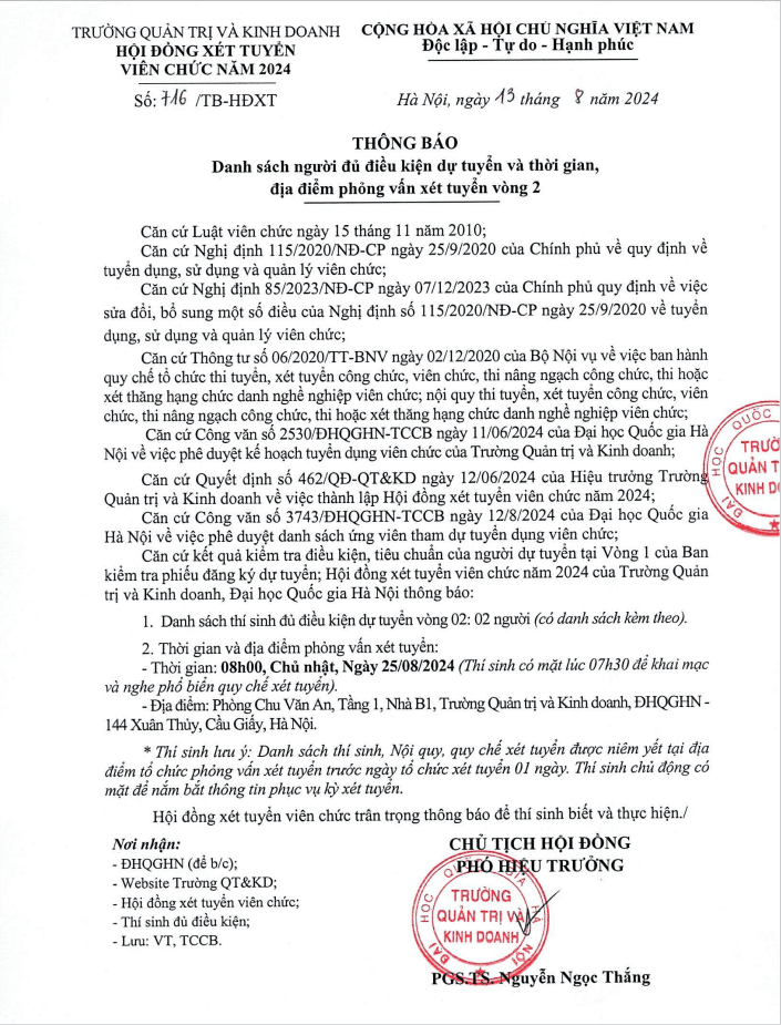 Thông báo: Danh sách thí sinh đủ điều kiện dự tuyển và thời gian, địa điểm phỏng vấn xét tuyển viên chức vòng 2